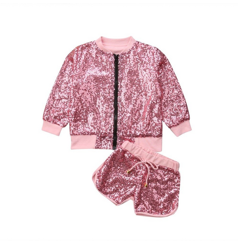 Baby Girls Fashion Sequin Bomber Jacket and Shorts Set
