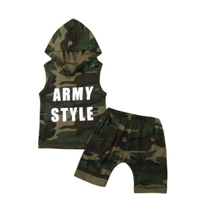 Baby Boys Two Piece Army Style Shortsleeve Hoodie and Shorts Set 
