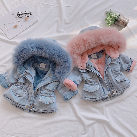 Hooded Thick Denim Winter Coat Lined with Faux Fur