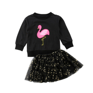 Girls Tutu Skirt and Sweater Set with Embroidered Flamingo