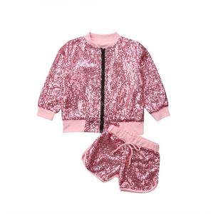 Baby Girls Fashion Sequin Bomber Jacket and Shorts Set