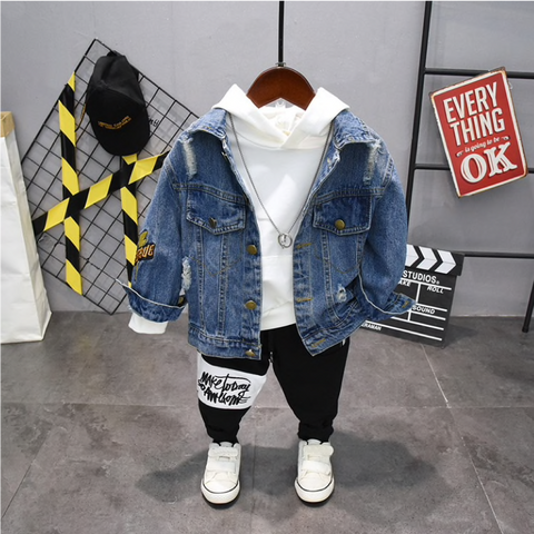 Three Piece Hooded Sweatshirt, Joggers and Denim Jacket