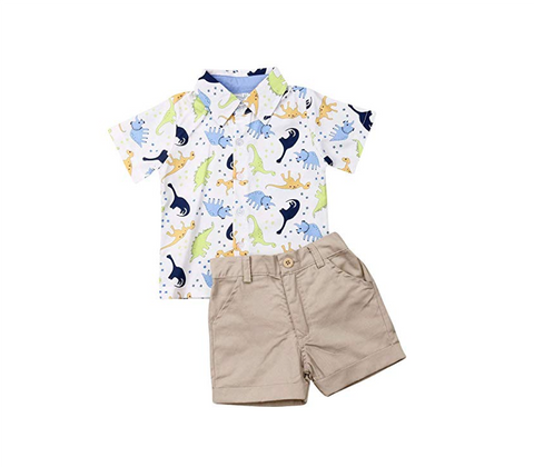 Dino Print Baby Boys Two Piece Shortsleeve Shirt and Shorts Set 