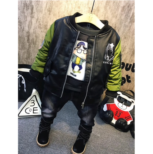 Three Piece Sweatshirt, Denim Jeans and Faux Leather Biker Jacket 