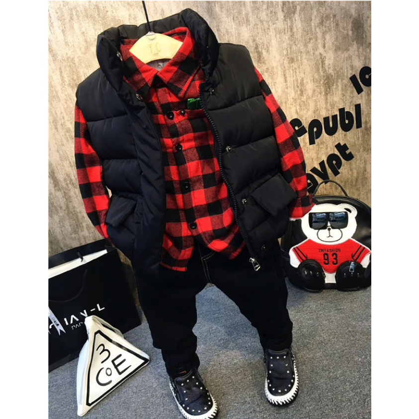 Three Piece Shirt, Denim Jeans and Padded Gilet