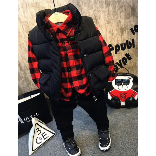 Three Piece Shirt, Denim Jeans and Padded Gilet