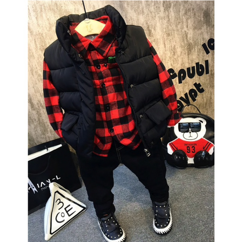 Three Piece Shirt, Denim Jeans and Padded Gilet