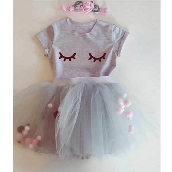 baby girls Two Piece T-Shirt and Tutu Pompom Skirt Set