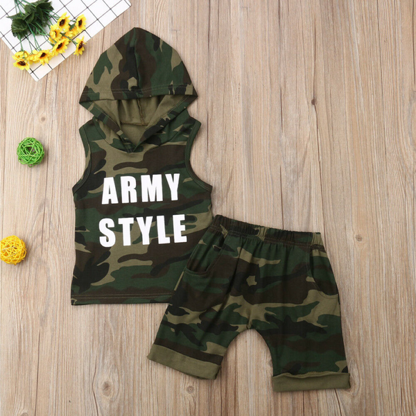 Baby Boys Two Piece Army Style Shortsleeve Hoodie and Shorts Set 