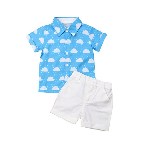 Two Piece Cotton Shortsleeve Shirt and Shorts Set 