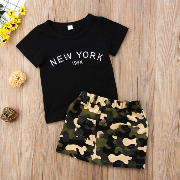 Baby Two-Piece Camo Cotton Blend Mini Skirt and T-shirt with New York Print