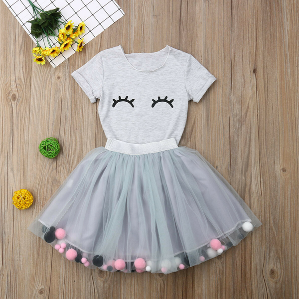 baby toddler infant girls Two Piece T-Shirt and Tutu Pompom Skirt Set